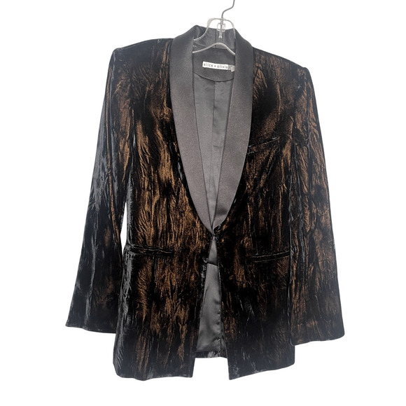 Alice+Olivia 2 Lola $550 Crushed Velvet Blazer Long Tuxedo Jacket Black Copper - Picture 7 of 13